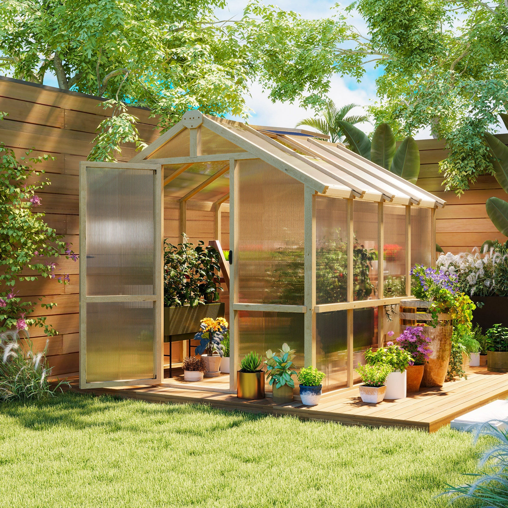 Wooden walk-in polycarbonate greenhouse