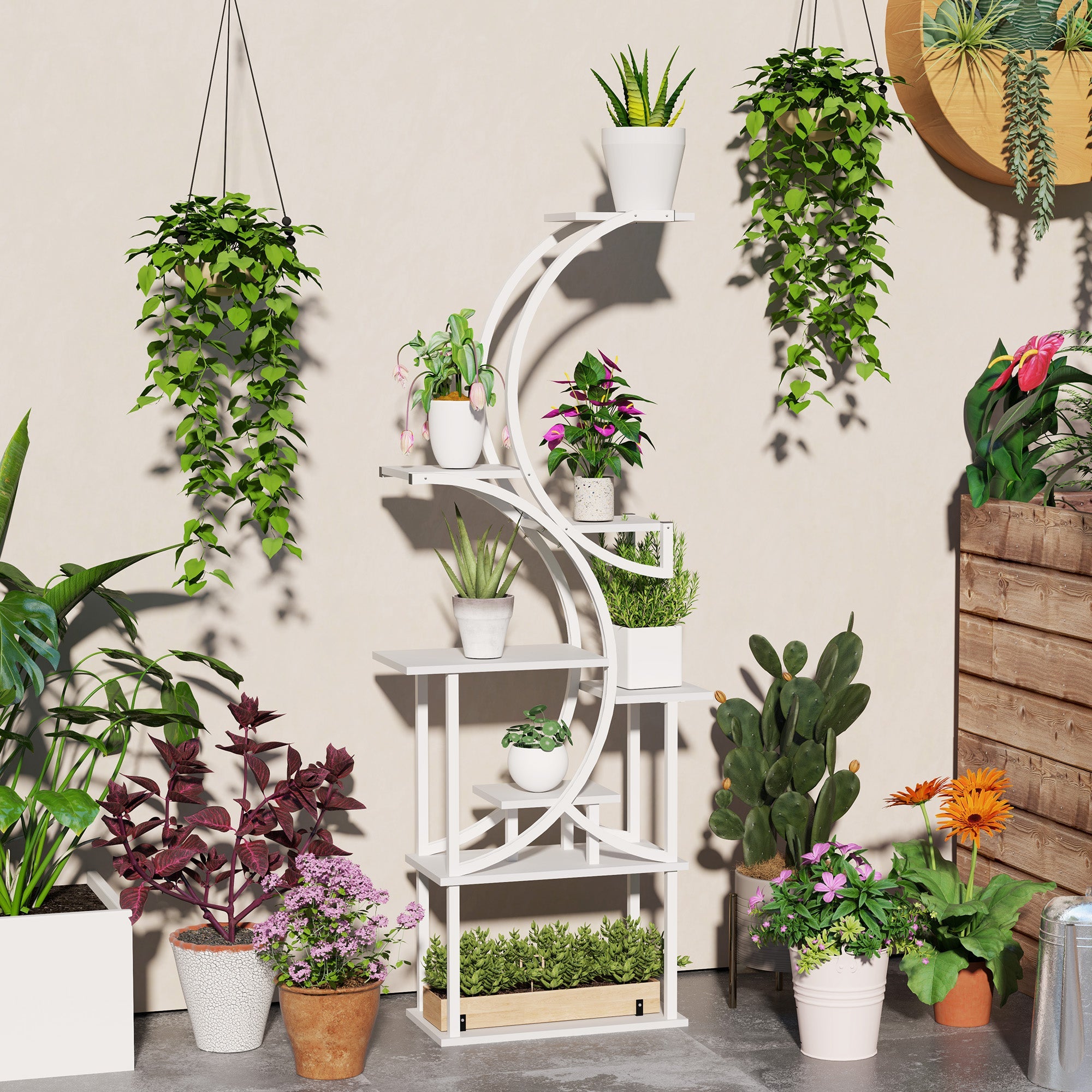 Eight tier S-shaped corner plant stand with plants