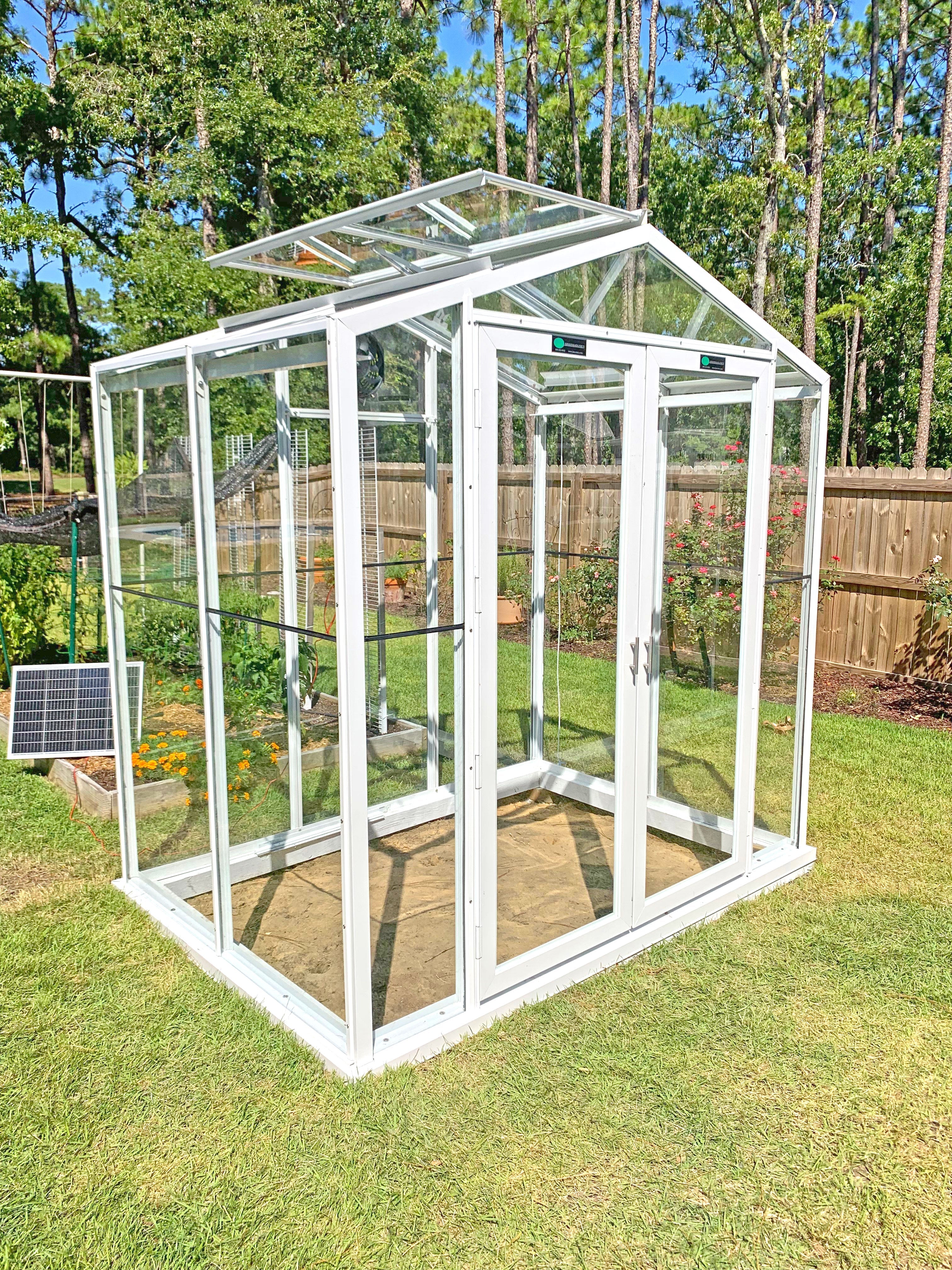 The Sago glass greenhouse in a backyard setting