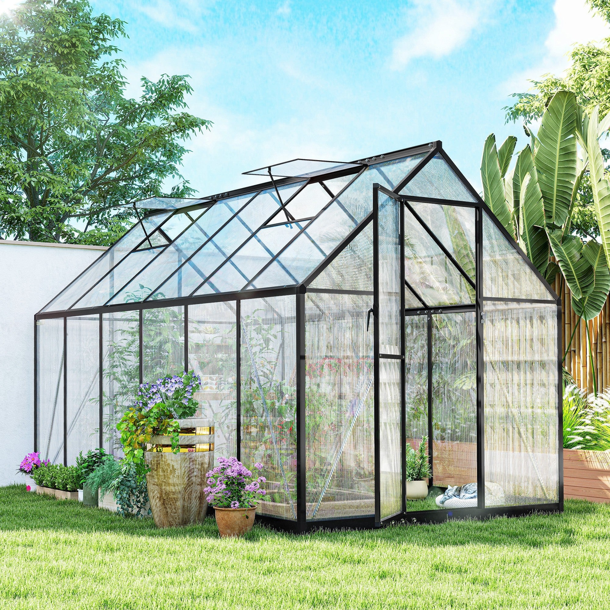 Aluminum walk-in greenhouse with swing door and roof vents