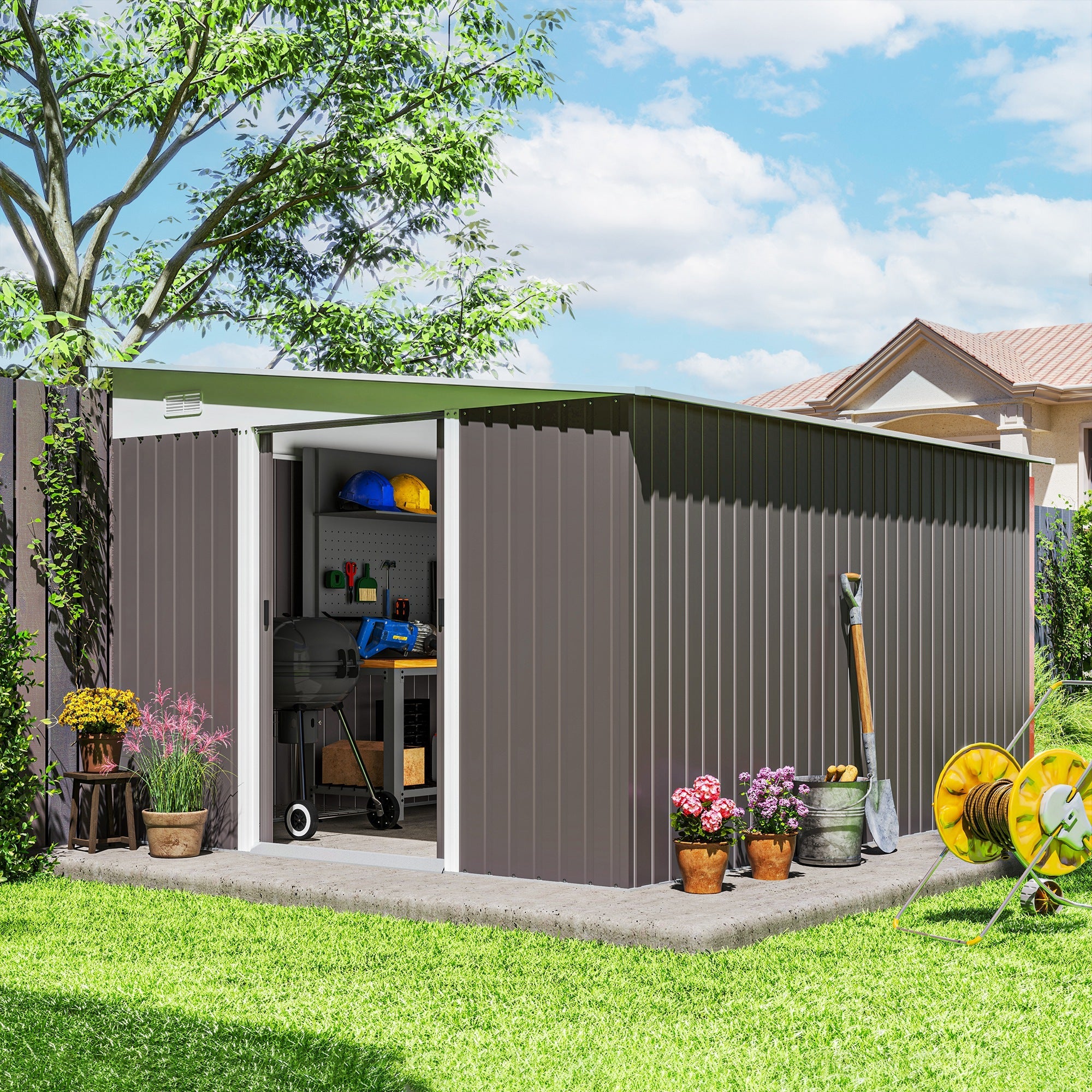 Metal outdoor storage shed with double doors