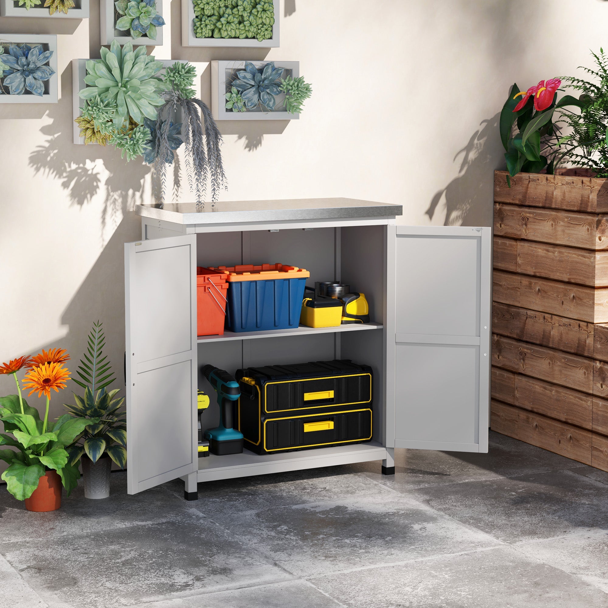 Wooden outdoor storage cabinet with metal tabletop