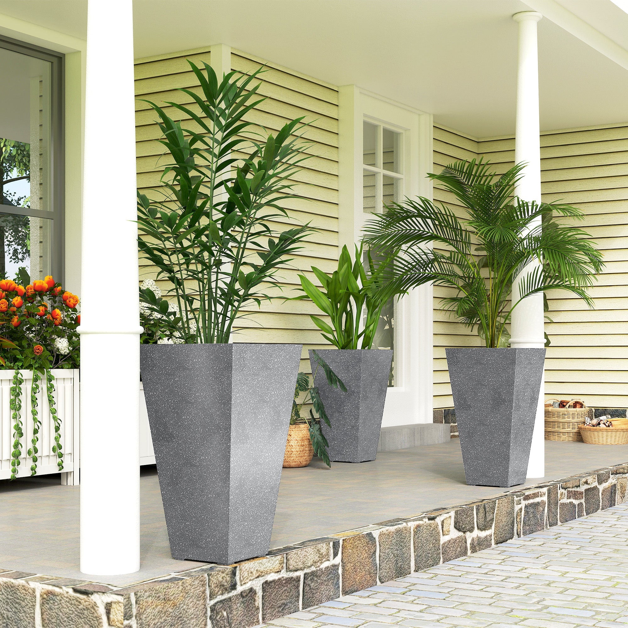 Set of three tall marble finish planters