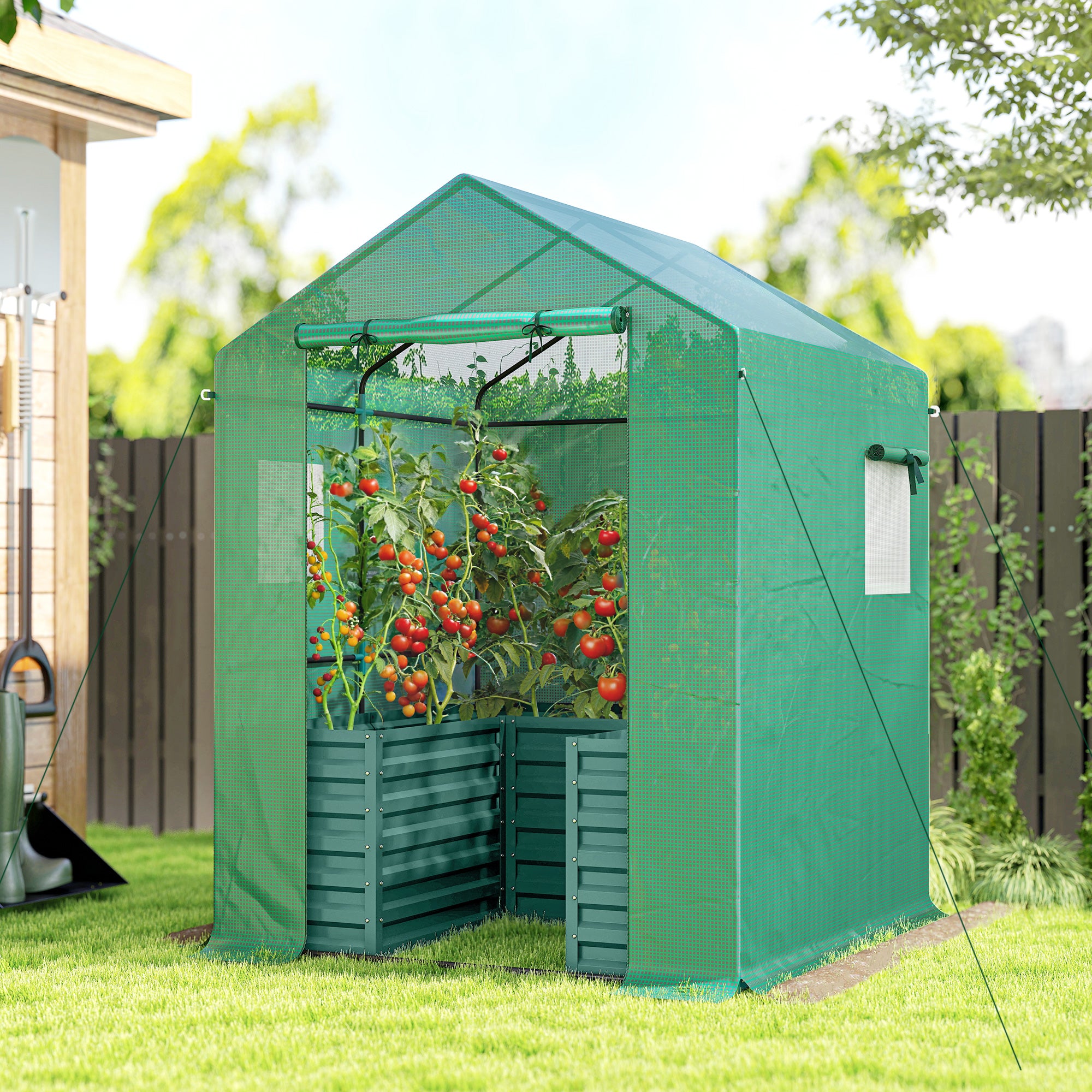 Greenhouse with Raised Garden Bed, Galvanized Steel Outdoor Greenhouse with Roll Up Door, 56" x 56" x 75"