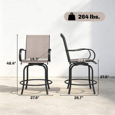 Outdoor Bar Stools Set of 2, 360° Swivel Bar Height Chairs, 26.75" x 29.5" x 48.5"
