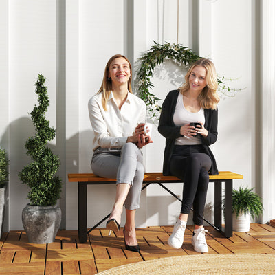 Outdoor Bench, 2-Person Backless Garden Bench, Acacia Wood Patio Bench Loveseat with Slatted Seat for Porch, Park, Teak