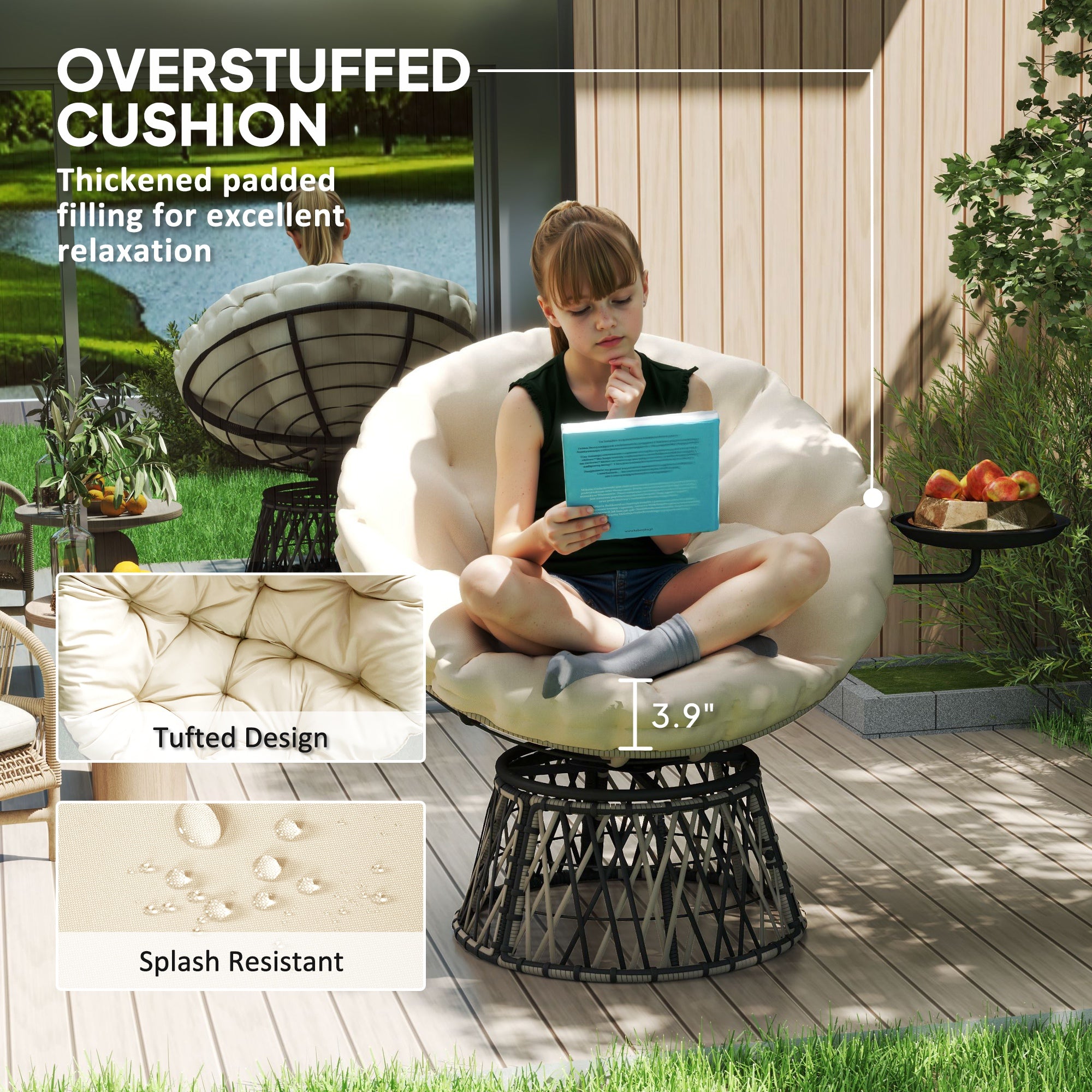 360° Swivel Outdoor Papasan Chair, 39" Overstuffed Circle Chair with Side Tray, Thick Cushion for Indoor Patio, Beige