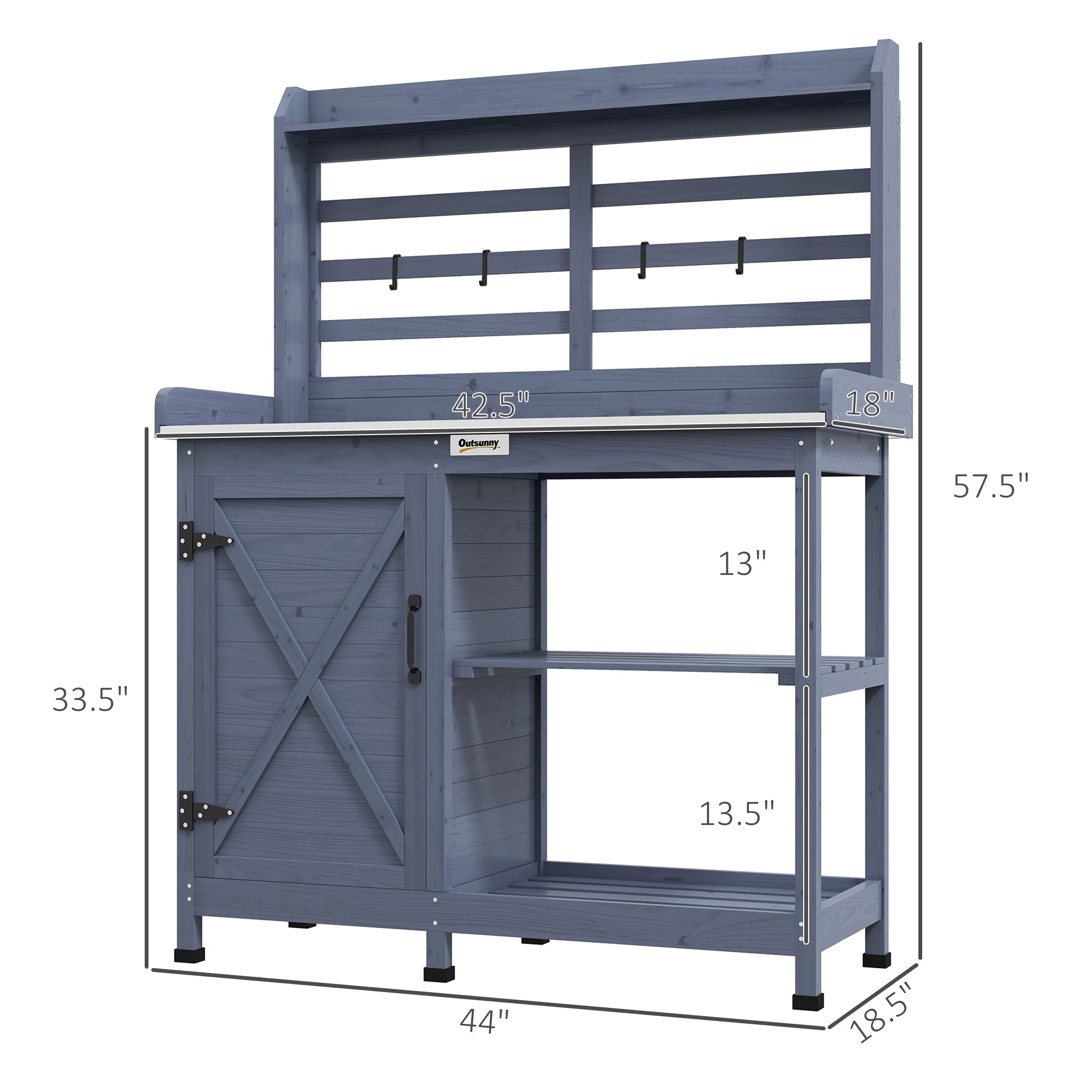 Wooden Potting Bench with Storage, Aluminum Tabletop for Backyard, Patio, Balcony