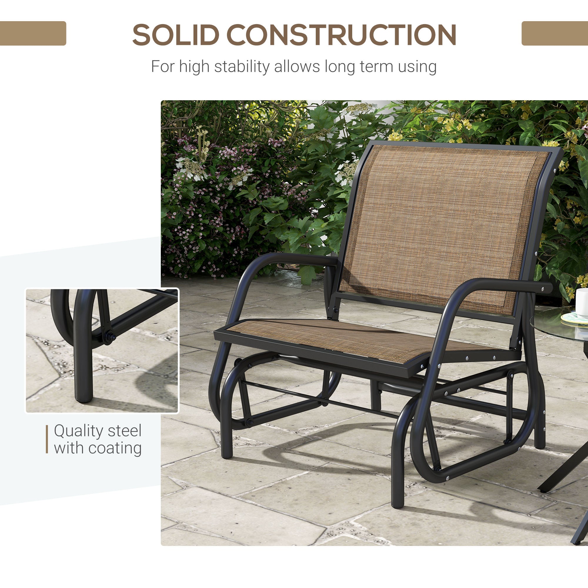 Outdoor Glider Chair, Steel Swing Chai with Curved Armrests for Porch, Garden, Poolside, Balcony