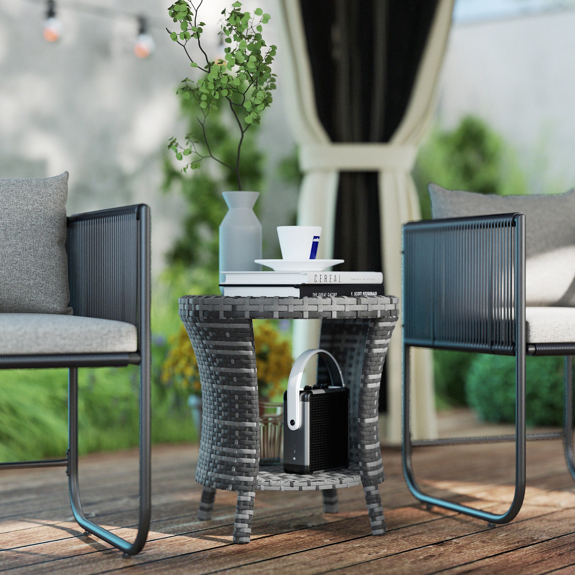 18" Wicker Outdoor Coffee Table, PE Rattan Patio Side Table with 2-Tier Storage, Composite Wood Top