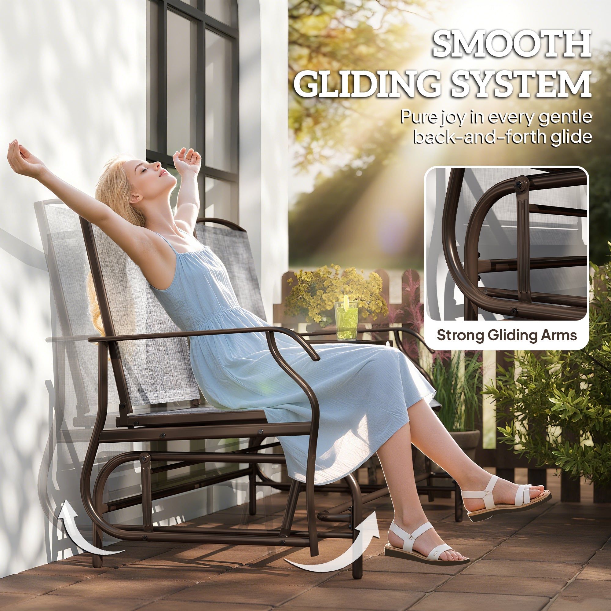 2-Seat Outdoor Glider Swing, Center Coffee Table and Independent Chairs, Supports Up to 352 lbs., Loveseat with Breathable Sling for Backyard, Garden, and Porch