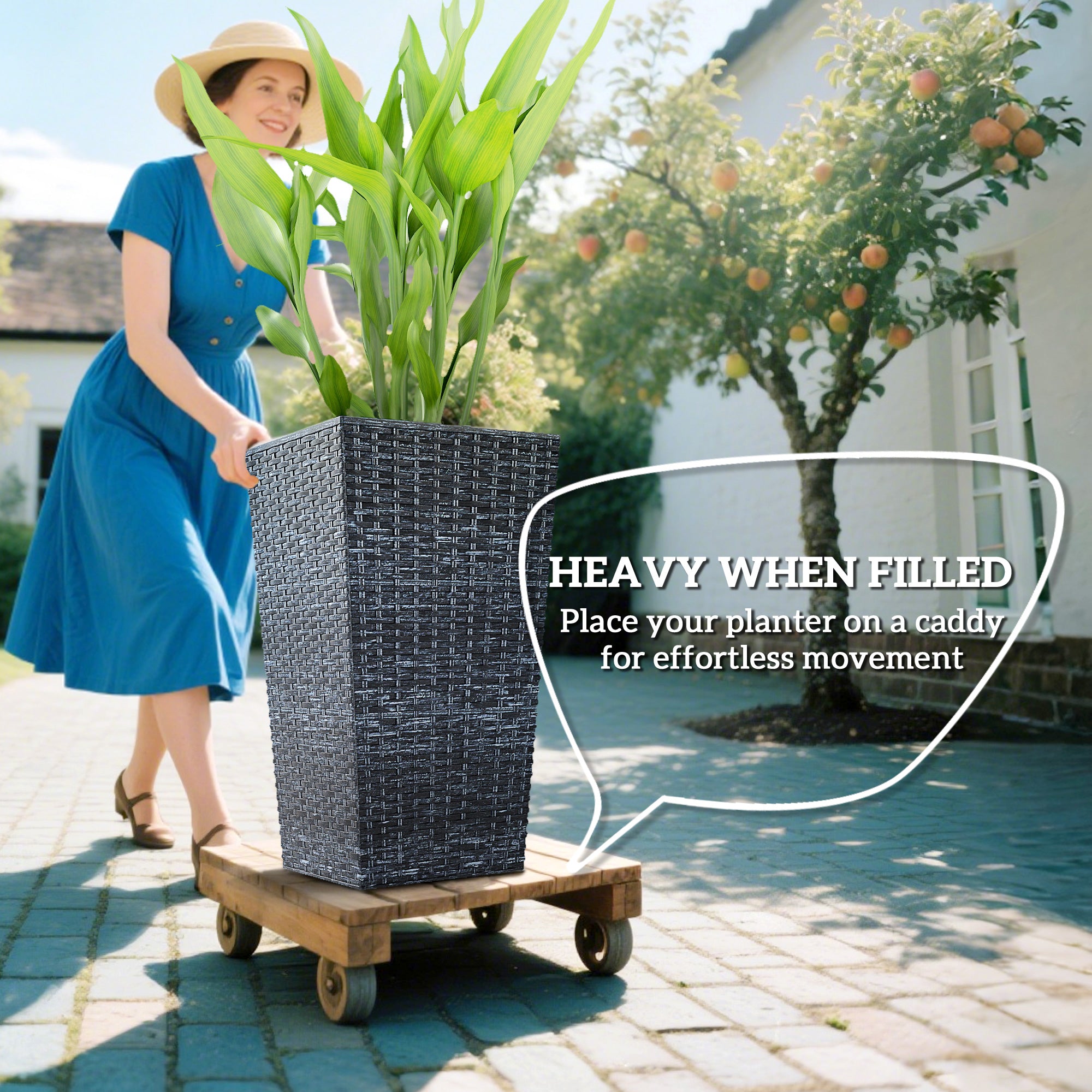 Tall Planters for Outdoor Plants Set of 3, 24 In Taper Planters with Drainage Holes, Rattan Decor Plant Pots for Indoor Outdoor Front Porch Patio Backyard, Gray