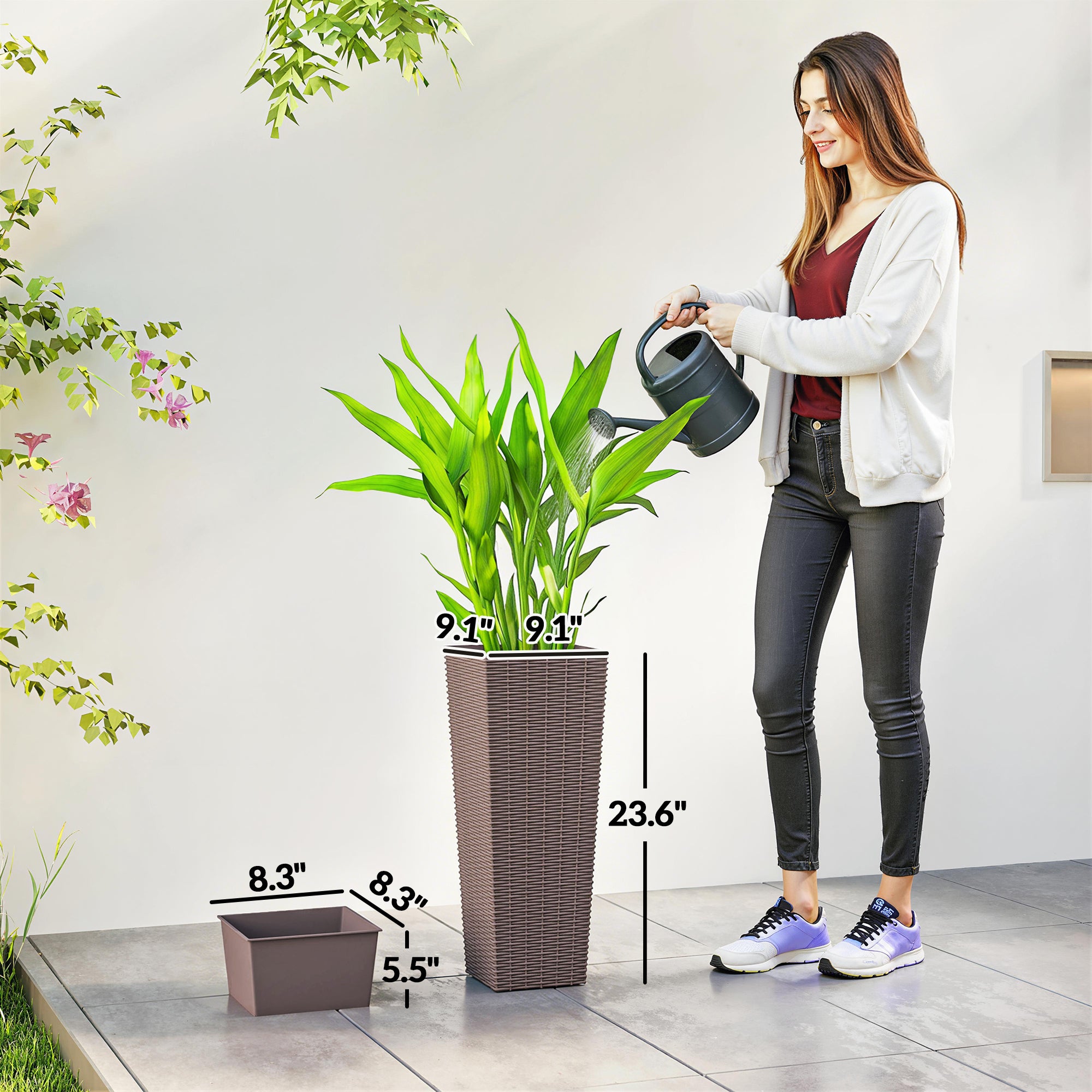 23.6 Inch Tall Planters for Outdoor Plants, Set of 2 Plastic Flower Pots with Drainage Holes