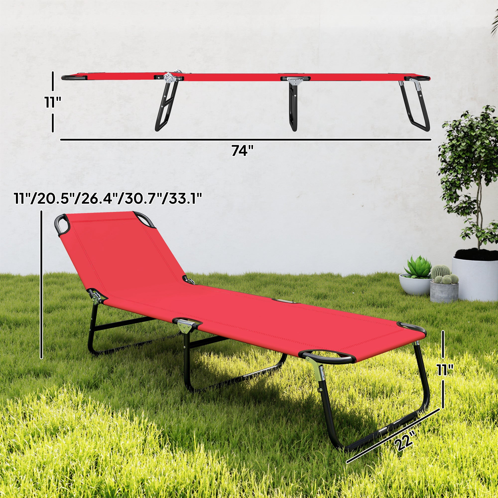Folding Chaise Lounge Pool Chairs, Outdoor Sun Tanning Chairs with 5-Level Reclining Back, Steel Frame for Beach, Yard, Patio