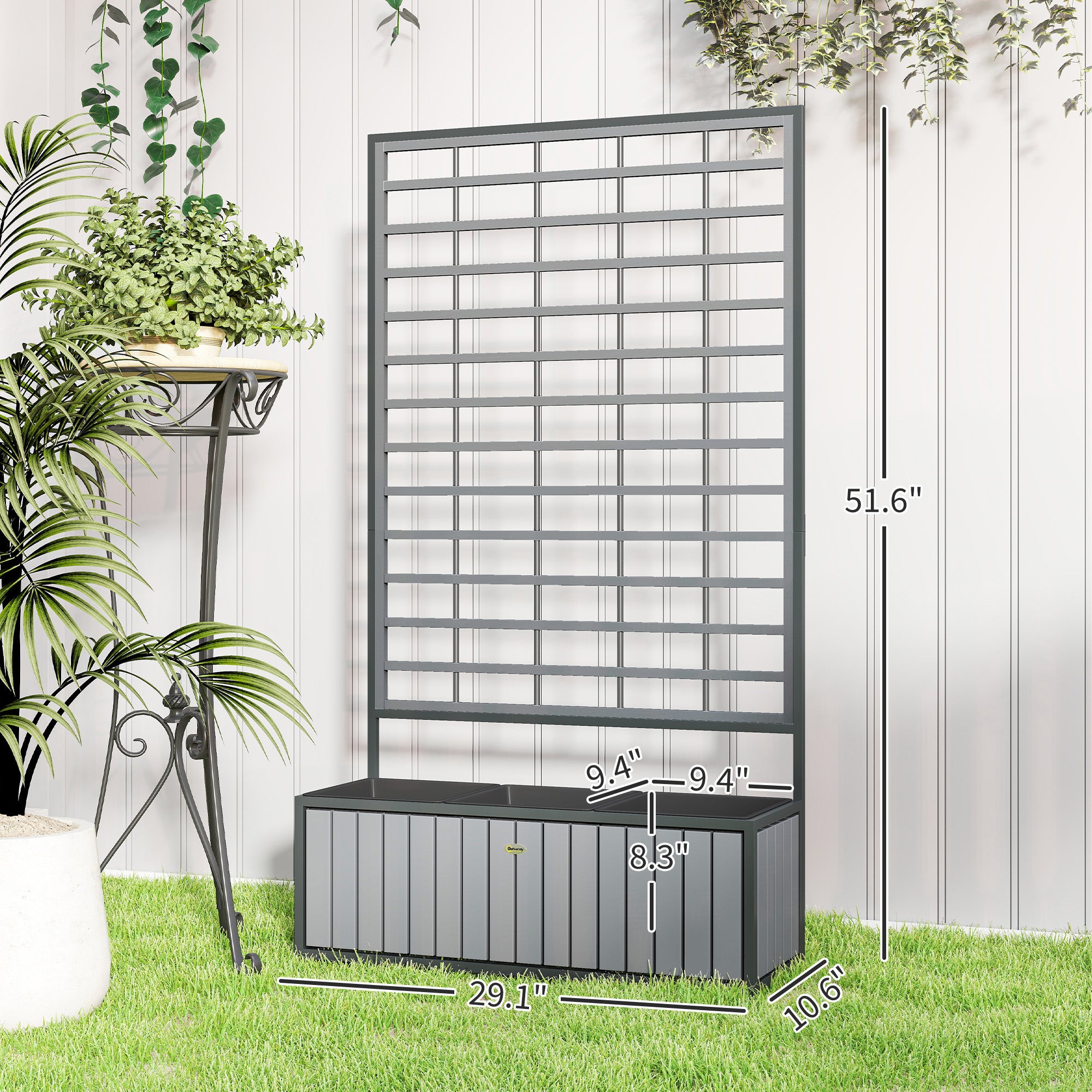 Wooden Raised Garden Bed with Trellis, Removable Pots for Backyard, Patio, Balcony, 29" x 11" x 52"