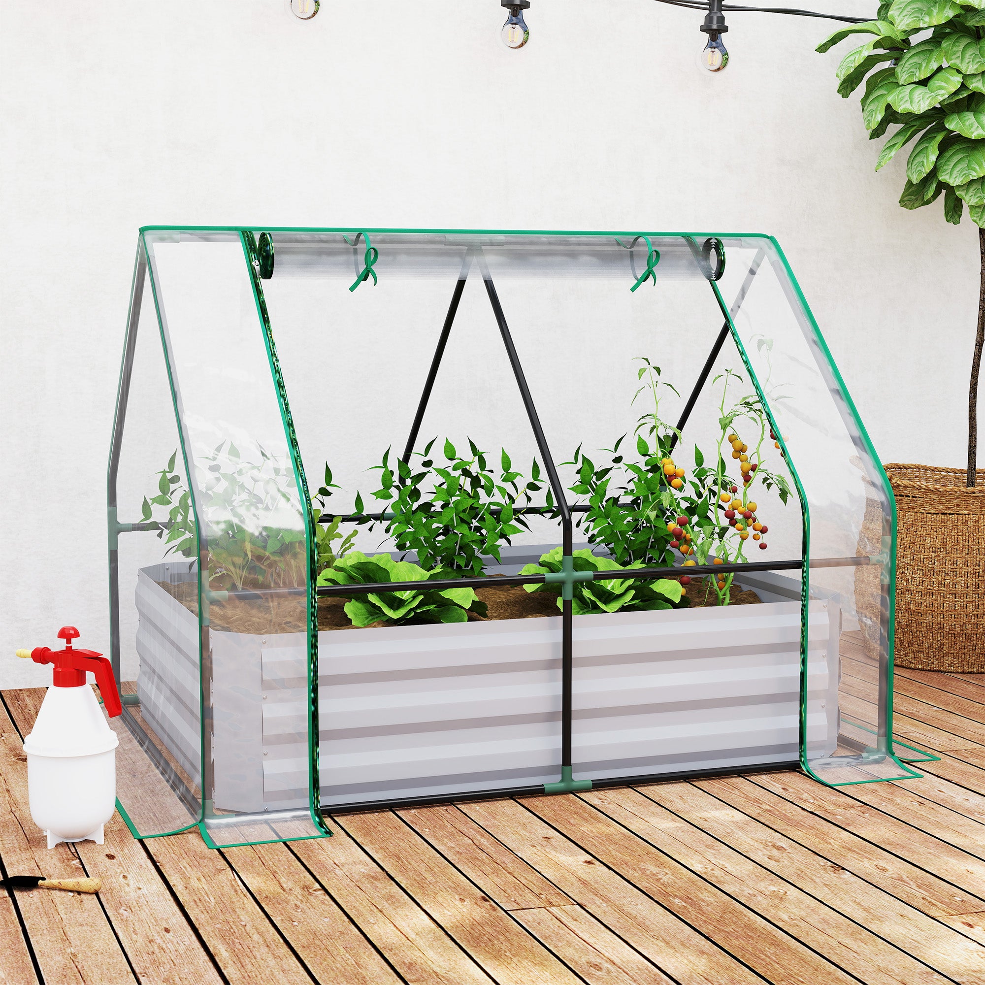 Raised Garden Bed with Cover, Outdoor Galvanized Metal Planter Box Kit, 4 x 3 ft Mini Greenhouse with 2 Large Screen Windows, for Growing Flowers, Vegetables and Herbs