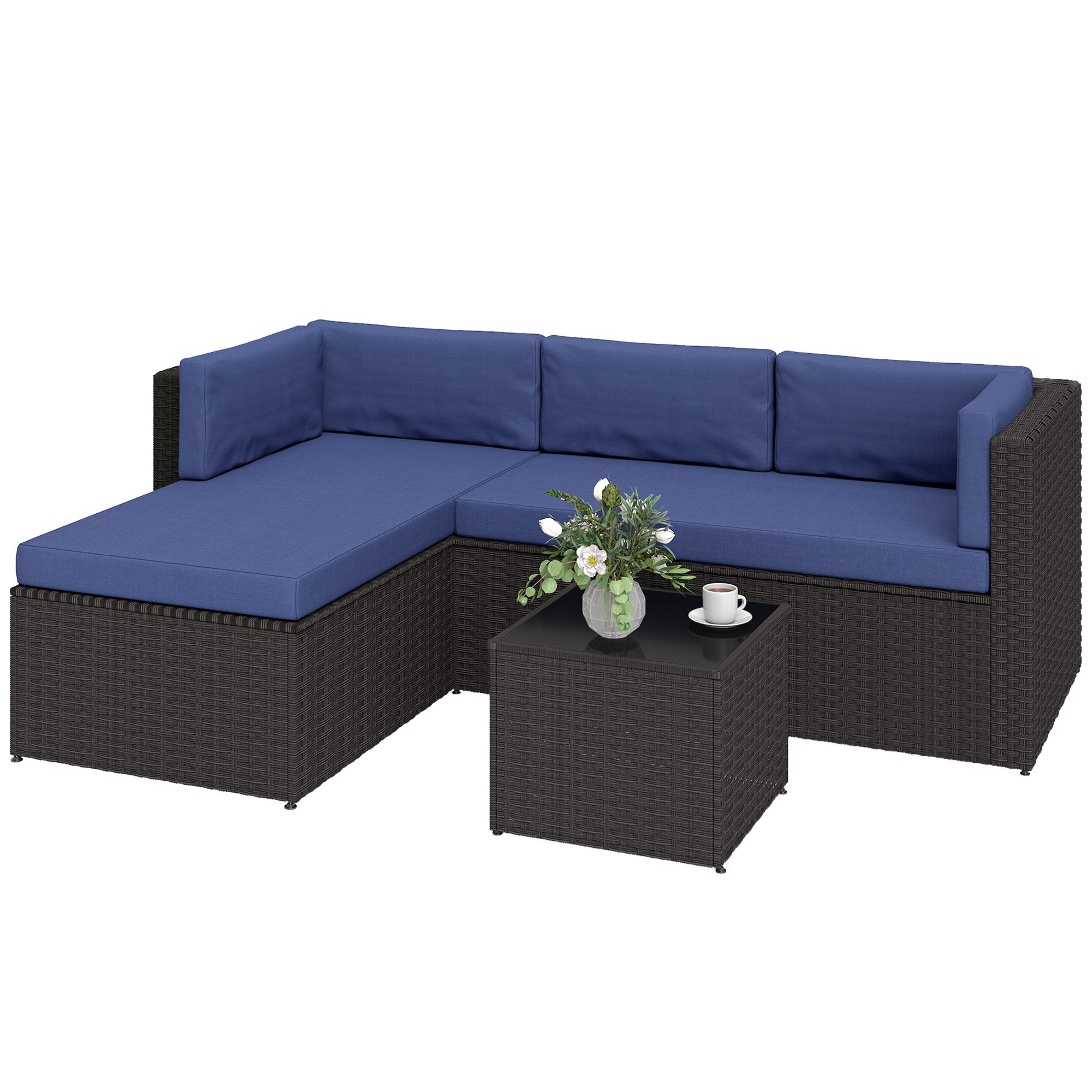 3 Piece Patio Furniture Set, Wicker Outdoor Patio Conversation Furniture Set with Cushions, Glass Top Table
