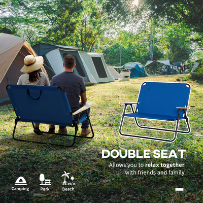 Double Folding Camping Chair, Loveseat for 2 Adults, Portable Camping Couch with Wood Armrest & Cupholders, for Backpacking, Beach, Sports Travel