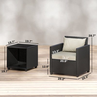 3 Piece Patio Bistro Set, Wicker Furniture Set with Thick Cushions, Glass Coffee Table and Chairs for Garden