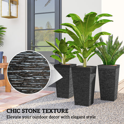22.8 Inch Set of 3 Outdoor Planters with Stone Finish and Wheels, Stackable Tapered Planters with Drainage Hole