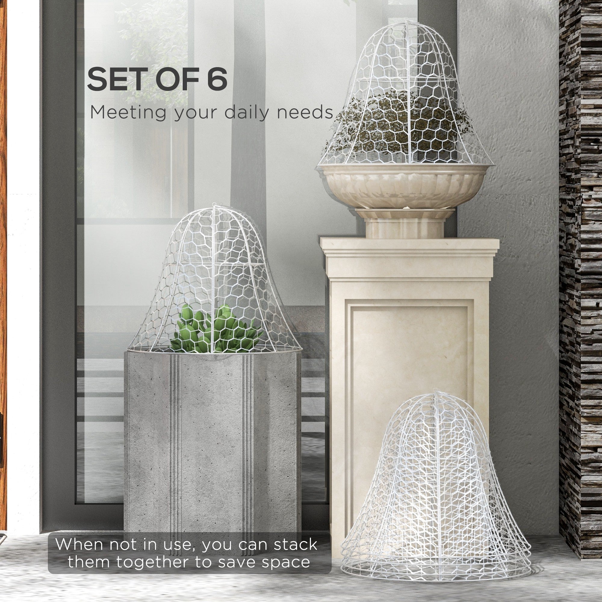 6 Pack Garden Cloches for Plants, 16" x 13" Metal Crop Cage, Plant Cages to Keep Animals Out, White