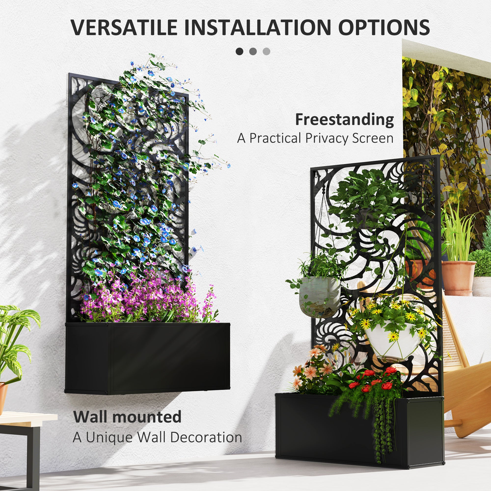 Metal Garden Bed with Trellis for Climbing Plants, Freestanding or Wall Mounted Flower Bed for Garden, Patio, Balcony
