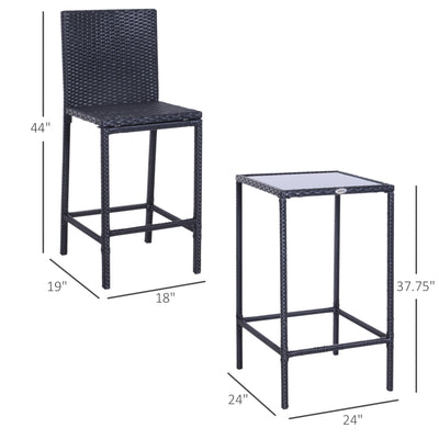 3 PCS Rattan Bar Set with Glass Top Table, 2 Bar Stools for Outdoor, Patio, Garden, Poolside, Backyard