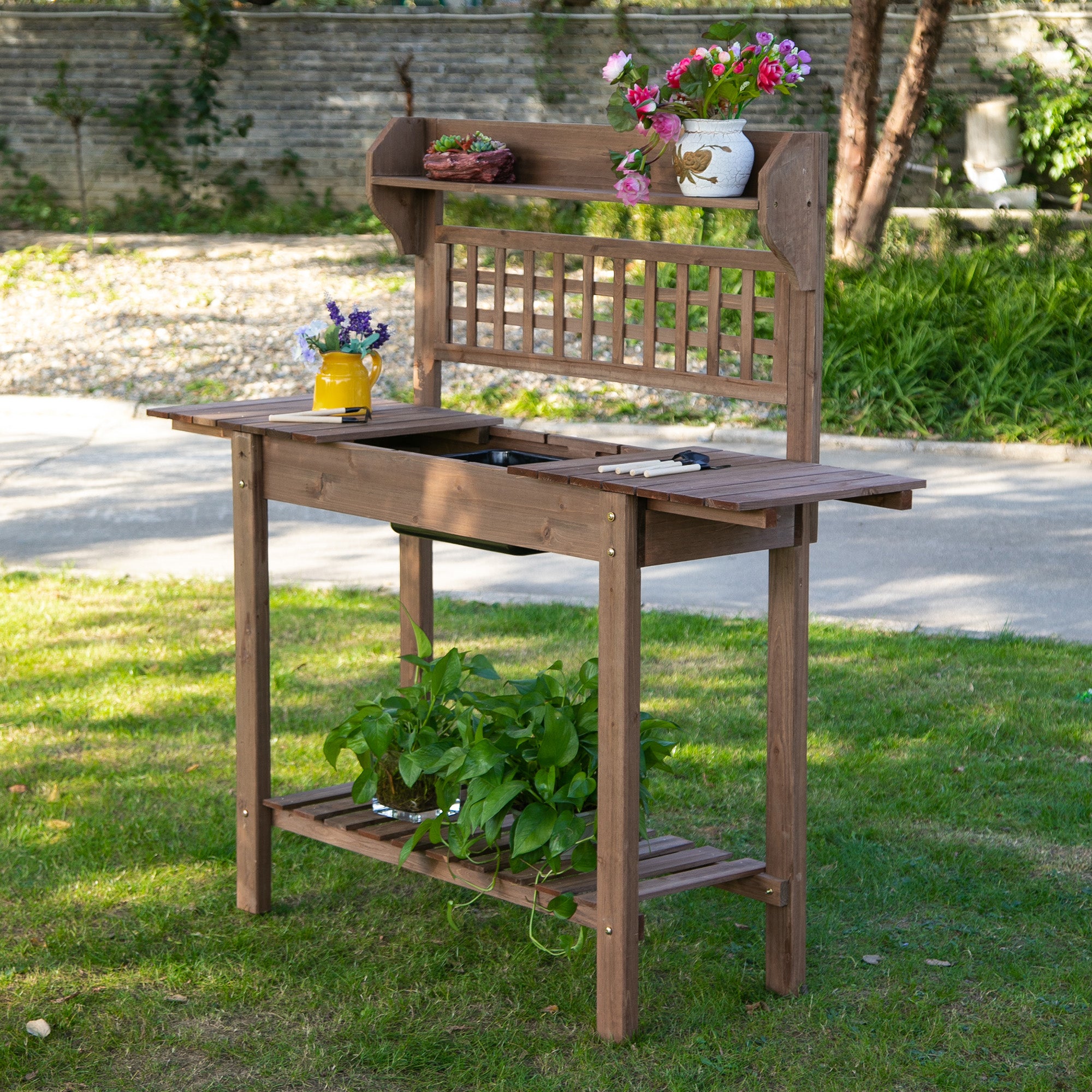Outdoor Potting Bench Table, Wooden Workstation with Sliding Tabletop, Storage Shelf and Dry Sink, for Greenhouse, Garden, Patio