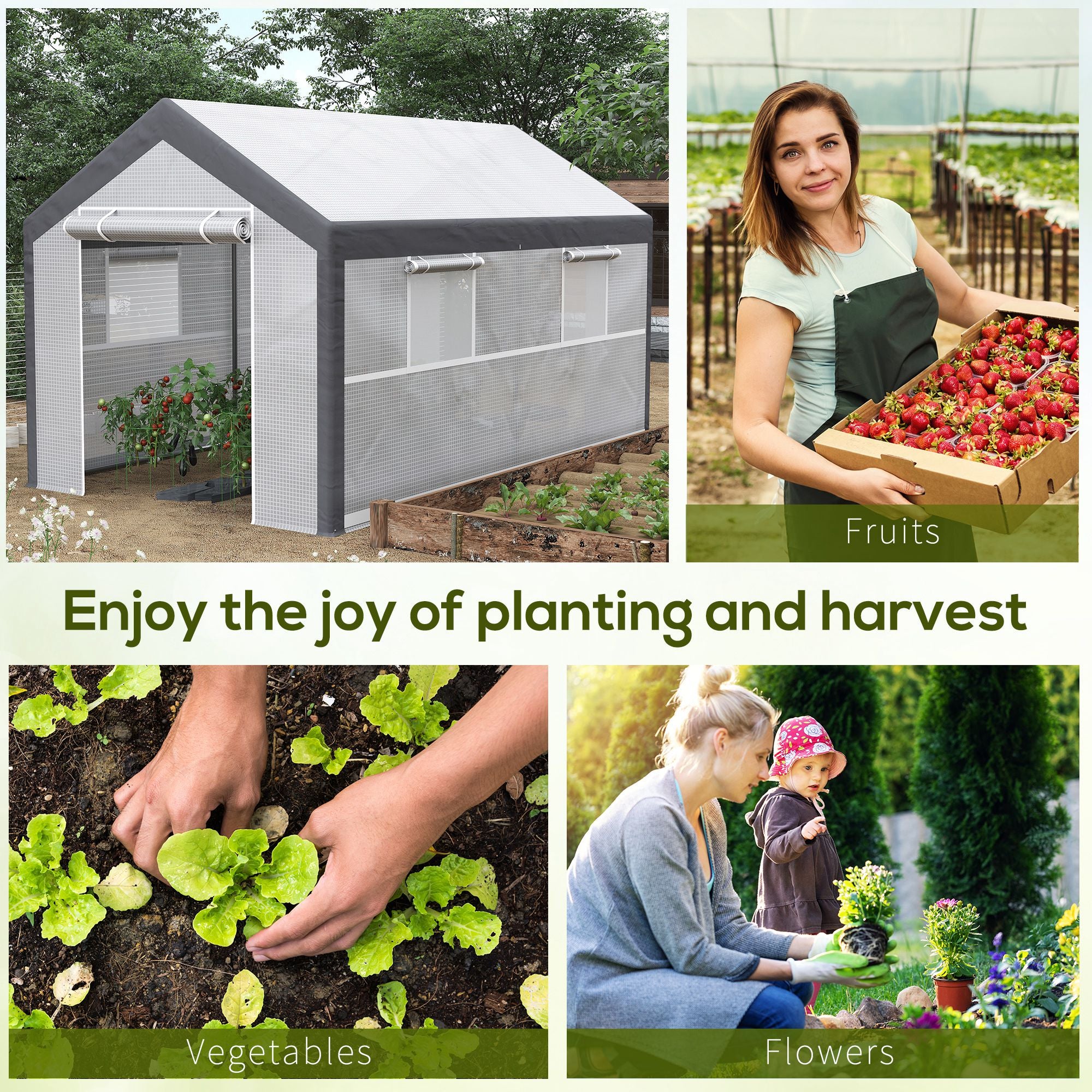 12' x 7' x 7' Greenhouse, Walk-in Outdoor Tunnel Green House with PE Cover, Steel Frame, 2 Roll-Up Zipper Doors & 4 Windows for Flowers, Vegetables, Tropical Plants, White/Dark Gray