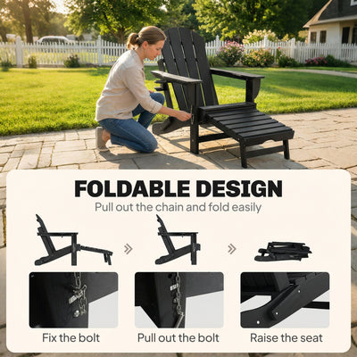 Folding Adirondack Chair Set of 2, HDPE Fire Pit Chair with Retractable Ottoman and Cup Holder