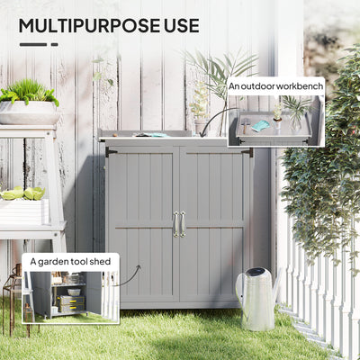 Outdoor Storage Cabinet, Garden Tool Shed with Metal Tabletop and Shelf, Wooden Potting Bench with 2 Doors