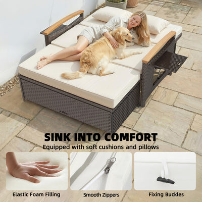 Rattan Outdoor Daybed w/4-Level Adjustable Backrest, Patio Sofa Bed w/Storage Ottoman, Acacia Wood Armrest