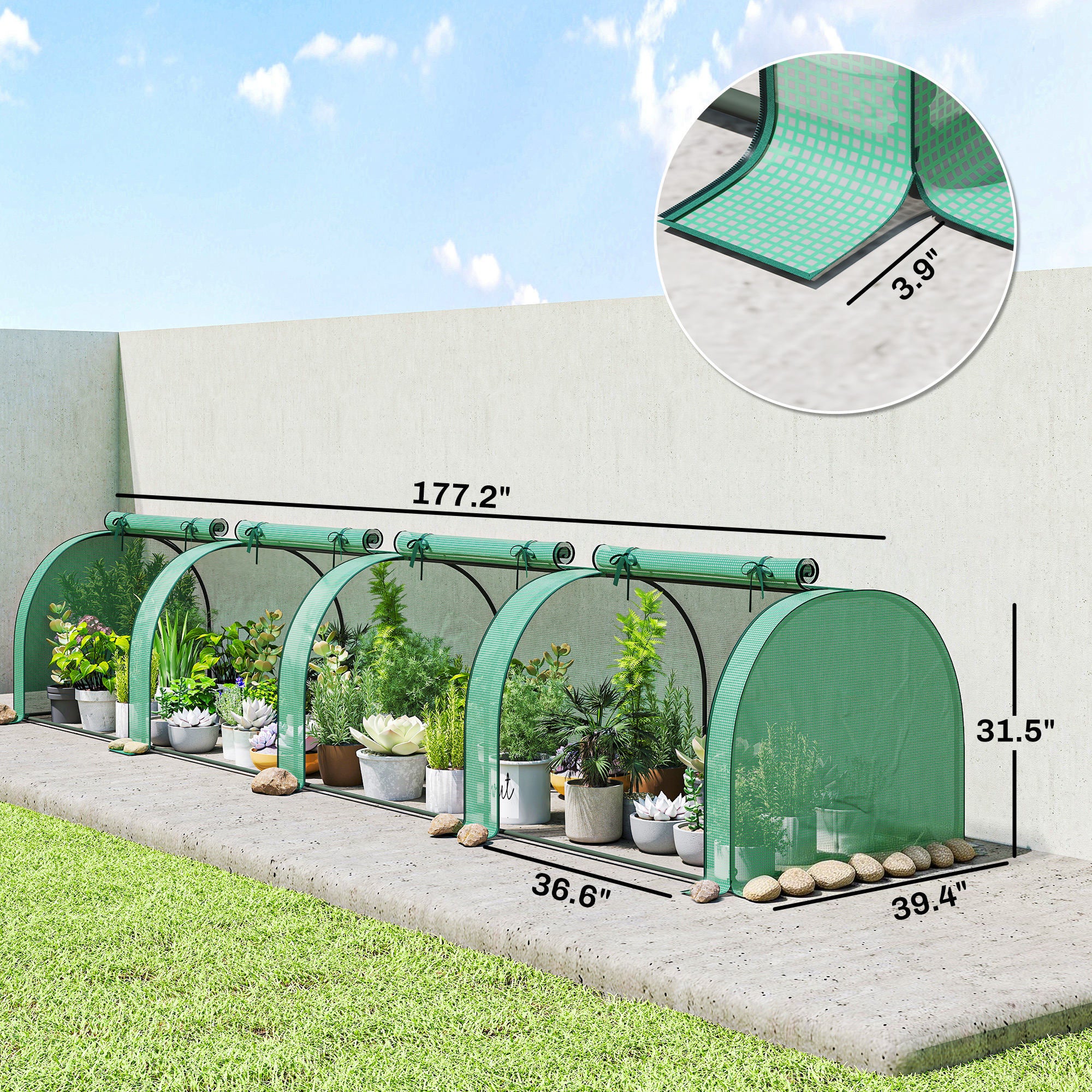 Mini Greenhouse, Portable Greenhouse with 4 Roll-Up Doors, PE Cover, 177.2" x 39.4" x 31.5"