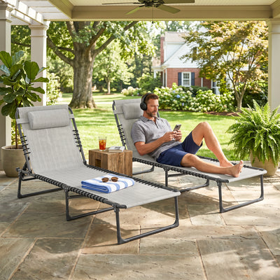 2 Folding Chaise Lounge Pool Chairs with 4-Position Reclining Back, Pillow, Breathable Mesh & Bungee Seat