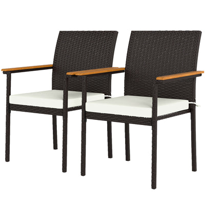 Stackable Patio Wicker Dining Chair Set of 2 with Cushions, Backrest, Armrests for Deck, Garden