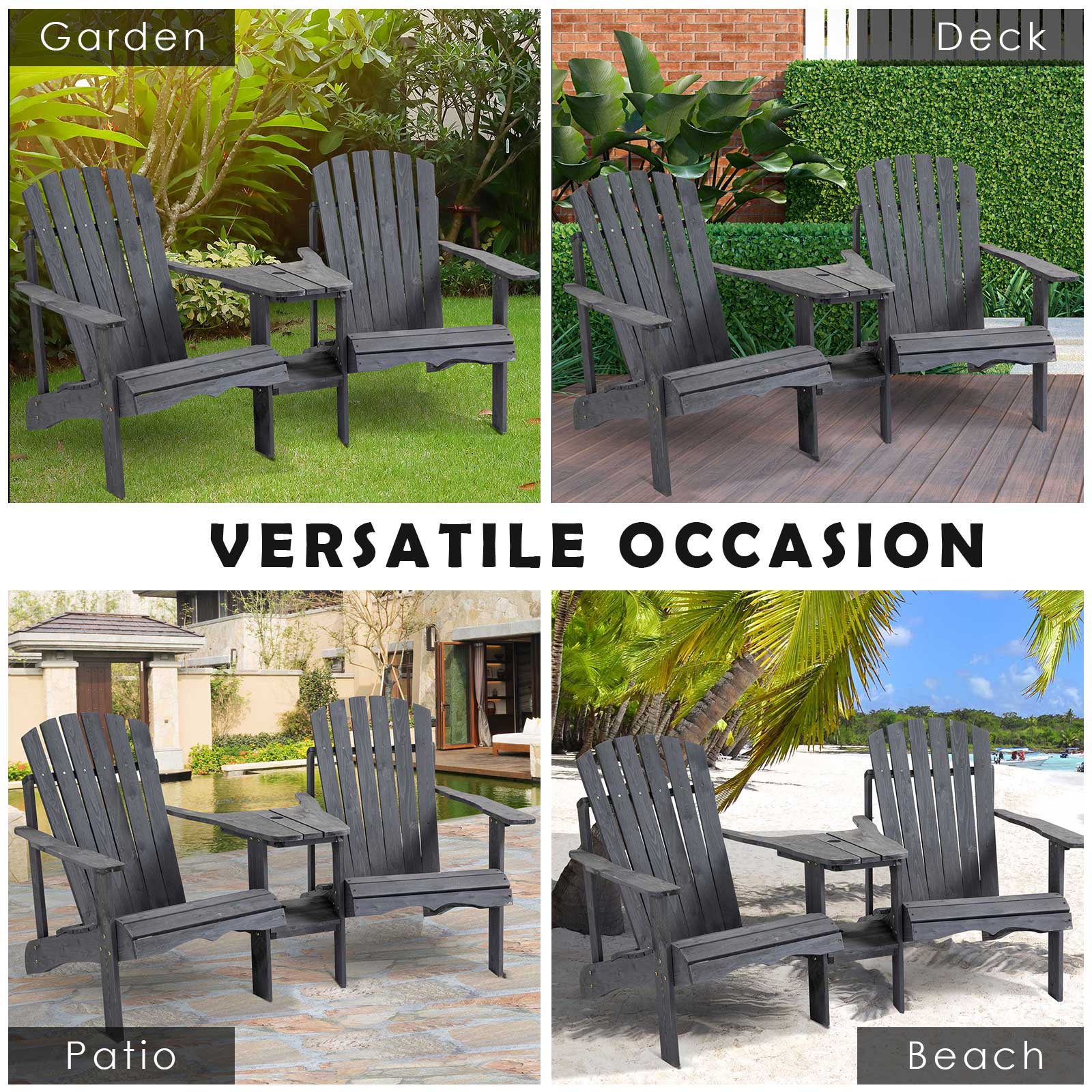 Fire Pit Seating, 2 Wooden Adirondack Chairs with Outdoor Table & Umbrella Hole, Wood 2 Person Adirondack Bench