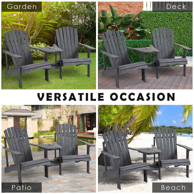 Fire Pit Seating, 2 Wooden Adirondack Chairs with Outdoor Table & Umbrella Hole, Wood 2 Person Adirondack Bench