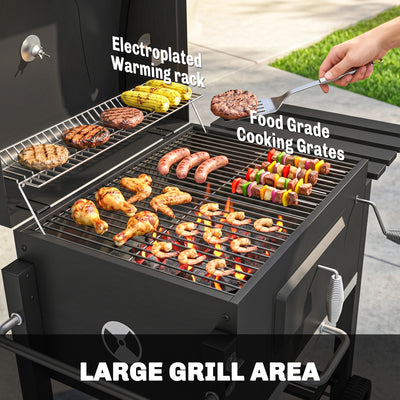 Charcoal BBQ Grill and Smoker Combo Outdoor Portable Trolley Camping Picnic Backyard with Side Shelf, Black