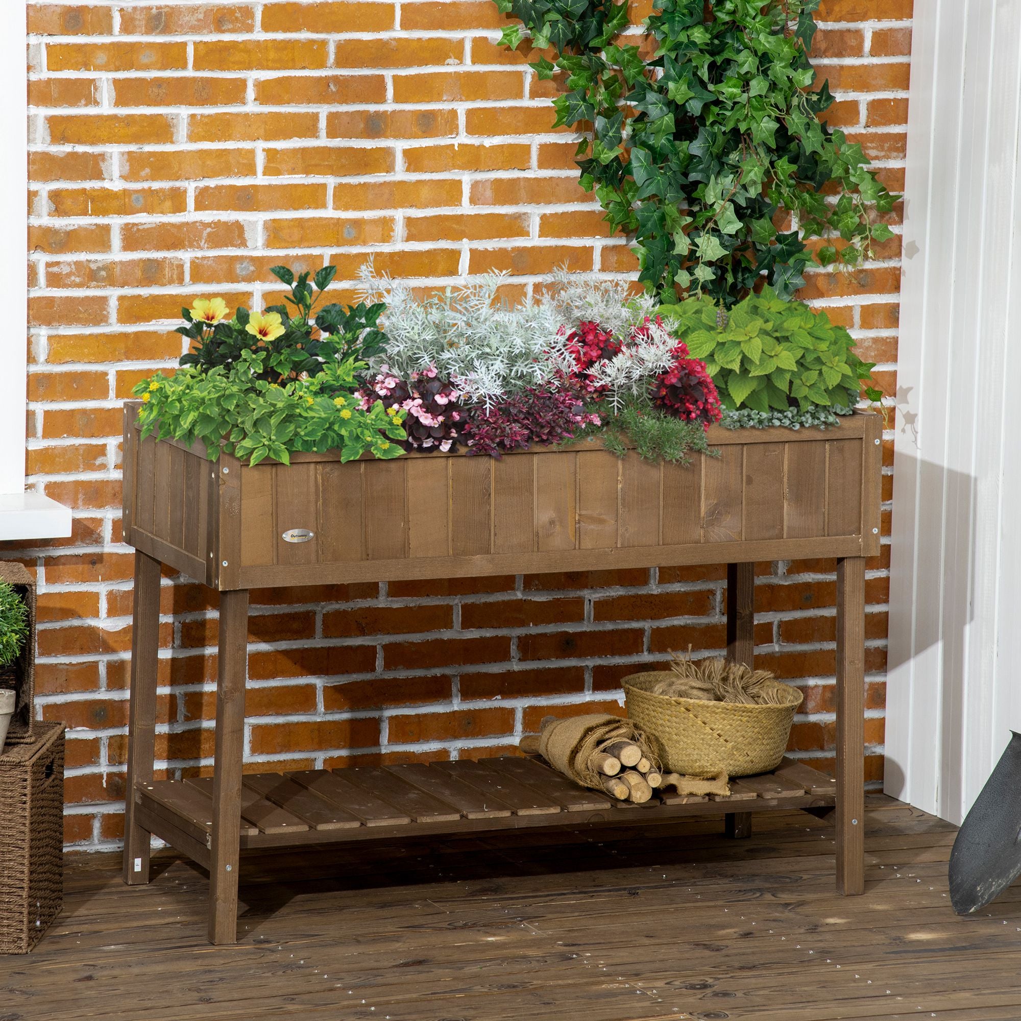 Wooden Raised Garden Bed, Elevated Planter Box Stand with 8 Slots and Open Shelf, Dark