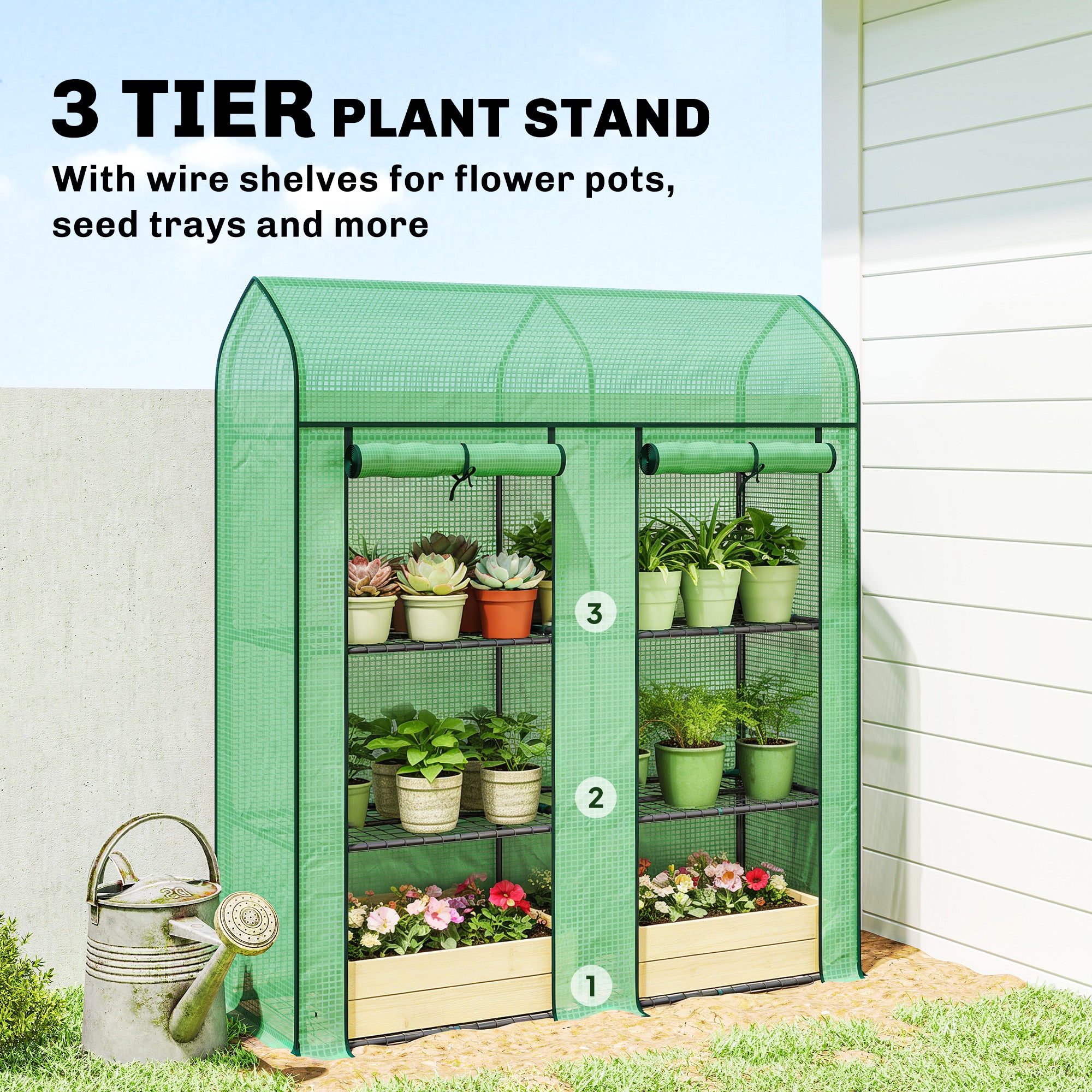3 Tier Mini Greenhouse, Small Portable Greenhouse with 2 Roll-up Doors, 56.3" x 18.1" x 65"