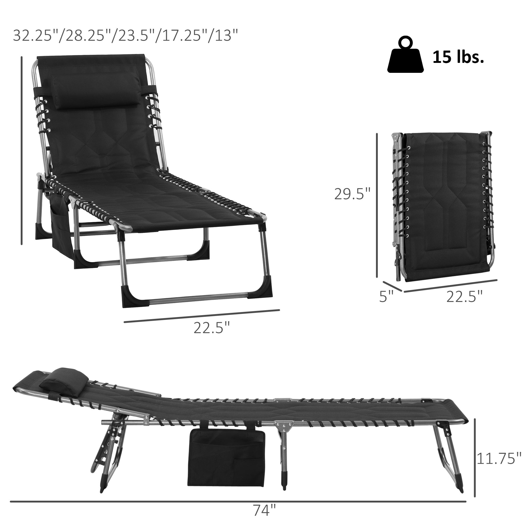 Padded Folding Chaise Lounge Chair, Outdoor 6-Level Reclining Camping Tanning Chair with Headrest for Beach, Yard, Patio, Pool