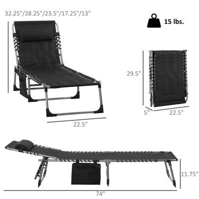 Padded Folding Chaise Lounge Chair, Outdoor 6-Level Reclining Camping Tanning Chair with Headrest for Beach, Yard, Patio, Pool