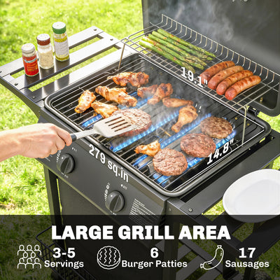 2 Burner Propane Gas Grill, 18000 BTU BBQ Grill with Wheels, Warming Rack, Shelf, Thermometer, Grease Cup, Black