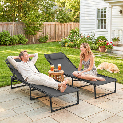 2 Folding Chaise Lounge Pool Chairs with 4-Position Reclining Back, Pillow, Breathable Mesh & Bungee Seat