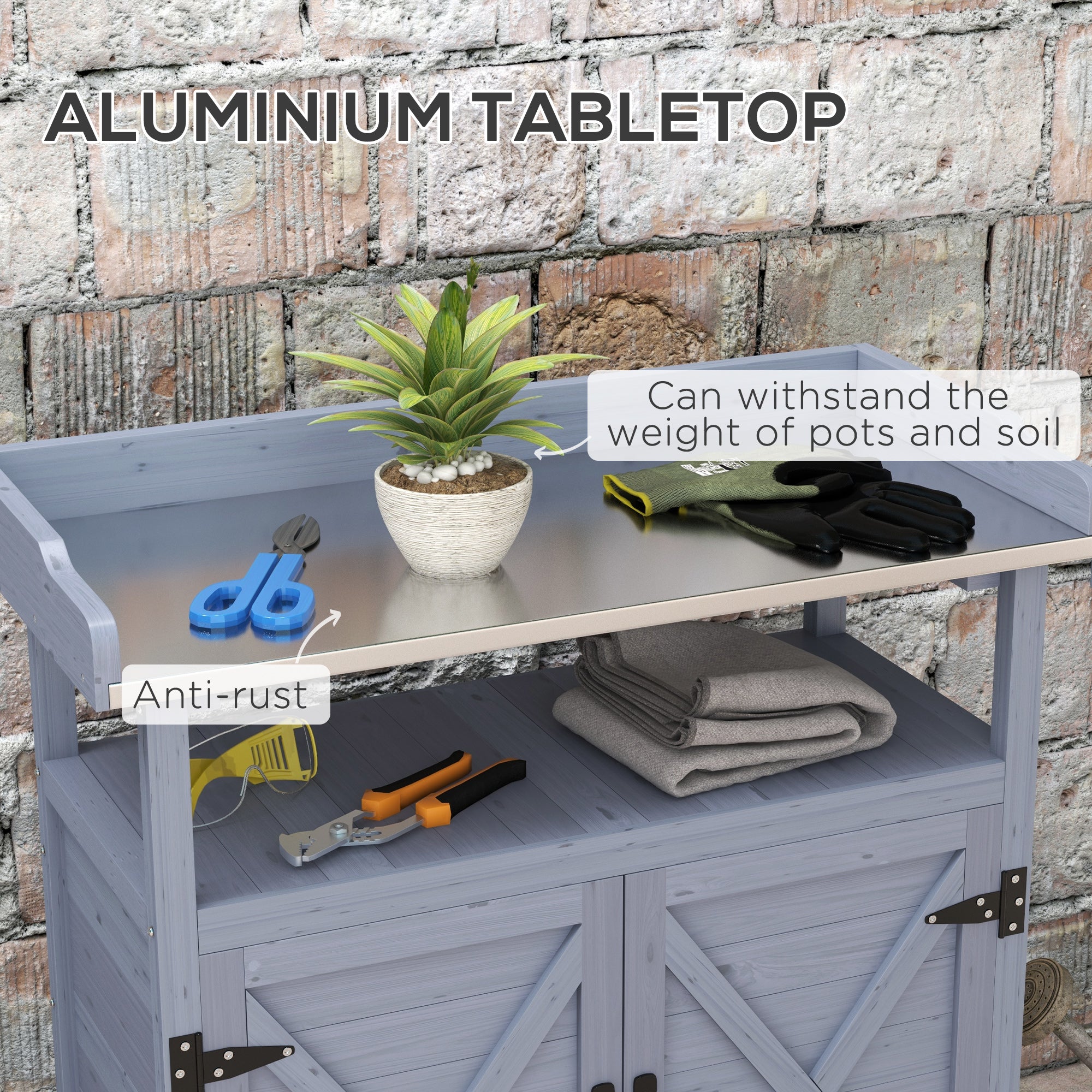 Outdoor Wooden Potting Bench with Storage Cabinet, Aluminum Tabletop, Rubber Wheels for Backyard, Patio, Balcony