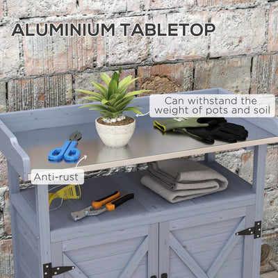 Outdoor Wooden Potting Bench with Storage Cabinet, Aluminum Tabletop, Rubber Wheels for Backyard, Patio, Balcony