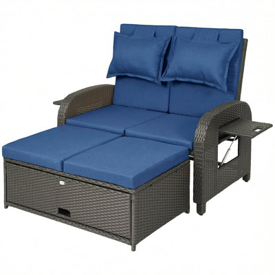 Patio Rattan Daybed, Wicker Outdoor Daybed with Storage Ottoman, Loveseat w/ Adjustable Backrest