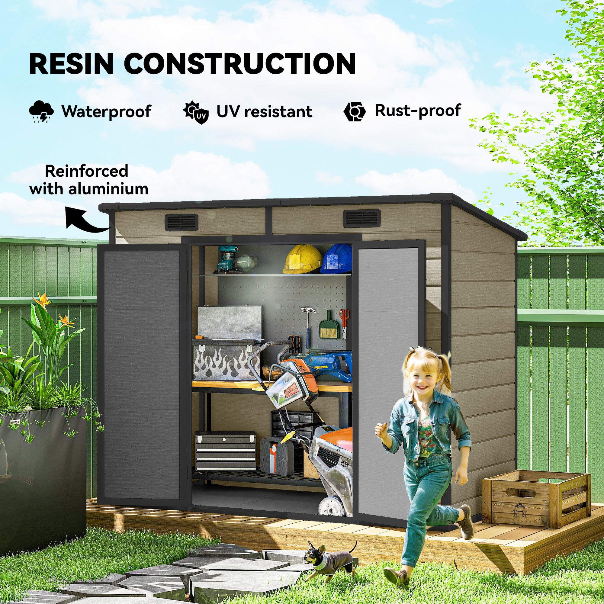 8' x 4' Plastic Outdoor Storage Shed with Floor, Window, Lockable Doors and Vents for Backyard Patio Lawn