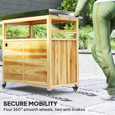 Outdoor Grill Cart w/ Stainless Steel Top, Solid Wood Outdoor Kitchen Island w/ Wheels, Storage Cabinets