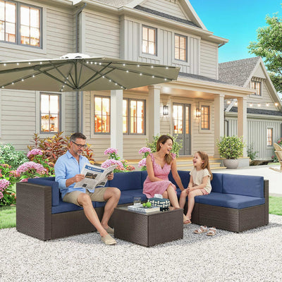 7 Piece Patio Furniture Set, All Weather PE Rattan Outdoor Furniture Conversation Sets with Glass Top Coffee Table